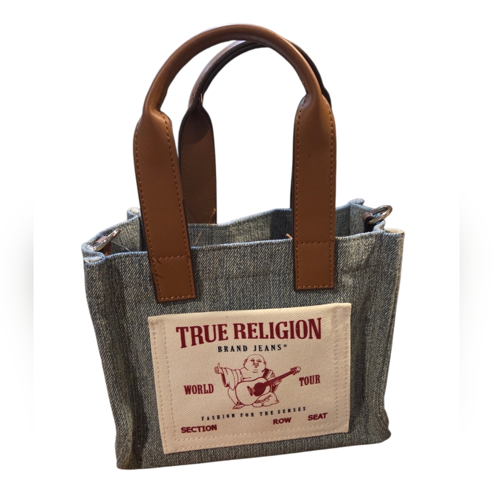 True Religion Denim Mini Tote Bag Faux Leather Handles Logo Patch Y2K - Picture 2 of 7